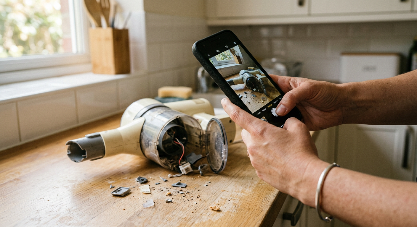 Des mains photographient avec un smartphone un aspirateur sans fil démonté sur un plan de travail de cuisine.