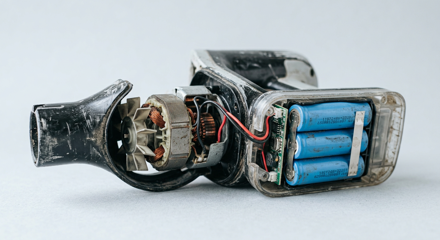 Gros plan en studio sur le moteur et le compartiment batterie démontés d'un aspirateur sans fil usé, sur fond gris pâle.