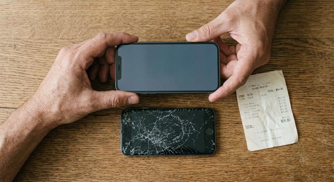 Vue de dessus : des mains tiennent un smartphone au-dessus d'un téléphone à l'écran fissuré, posé près d'un ticket de caisse sur un bureau en bois.